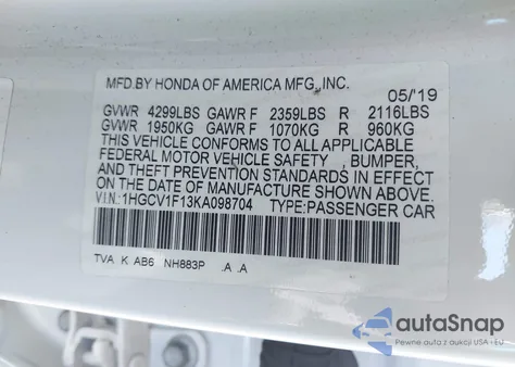 2019 Honda Accord Lx from USA, damaged, VIN 1HGCV1F13KA098704